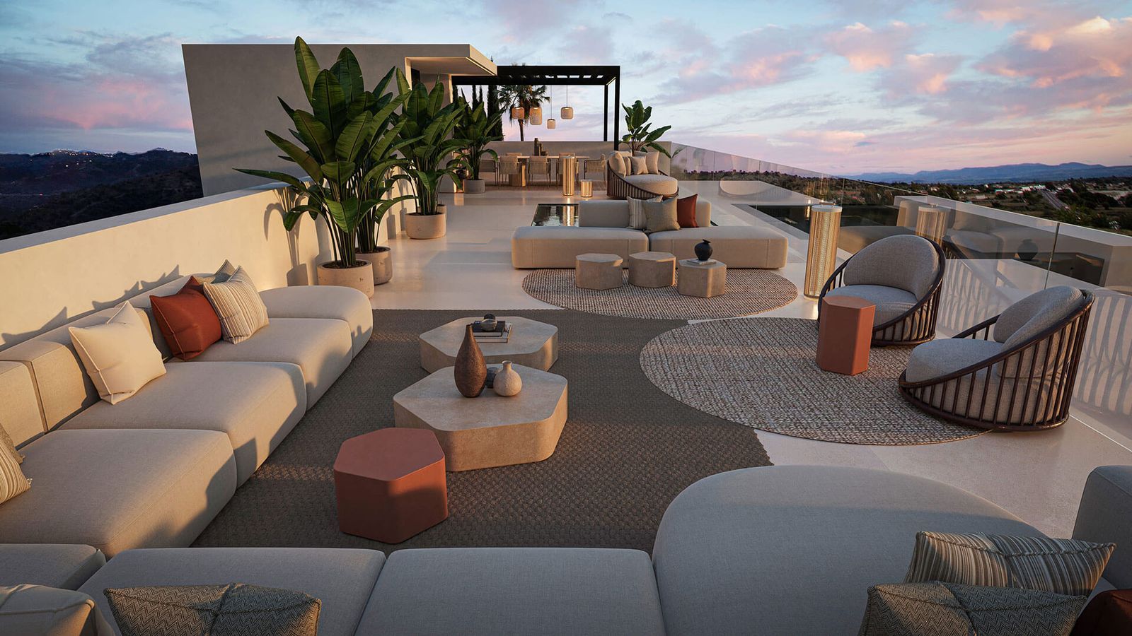 Luxe dakterras met comfortabele meubels en uitzicht in Estepona.