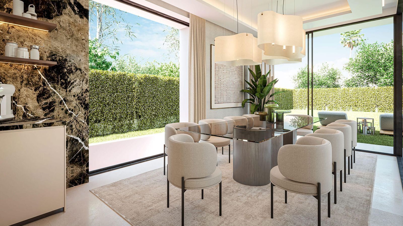 Moderne eetkamer met uitzicht op de tuin in Estepona.
